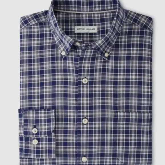 Peter Millar Button Down Long Sleeve Shirt Plaid Soft Blue/White Men’s Size MED - Picture 1 of 5
